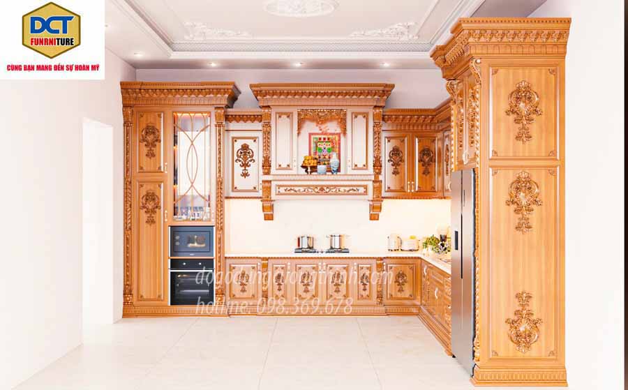 Mẫu tủ bếp tân cổ điển gỗ gõ đỏ cao kịch trần TB50GD